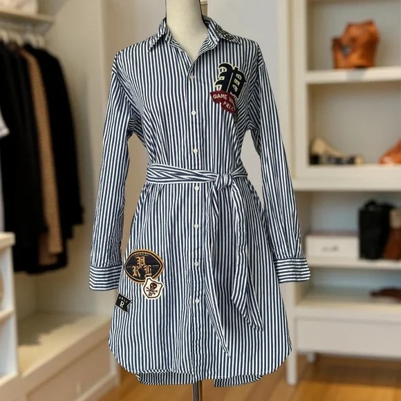 Polo by Ralph Lauren Striped Asymmetrical Shirt Dress with pockets and Patches - Picture 1 of 15